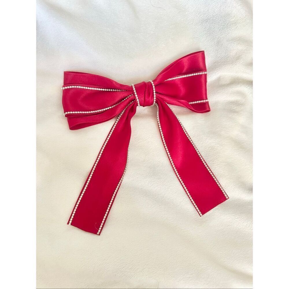 Christmas holiday red satin bow with rhinestone trim - with Barrett clip close -